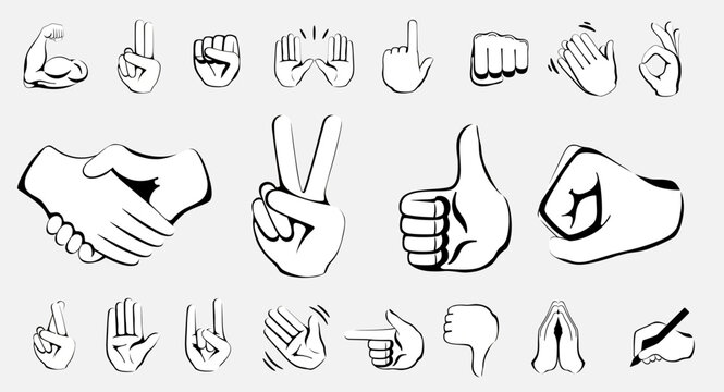 Collection of black and white hand gesture emojis. Handshake, biceps, applause, thumb, peace, rock on, ok, folding hands. Isolated vector illustration.
