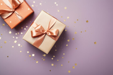  gift box wrapped in cream paper and tied with a gold ribbon on a gray purple background