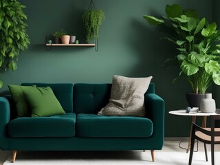 modern living room with sofa and green wall background