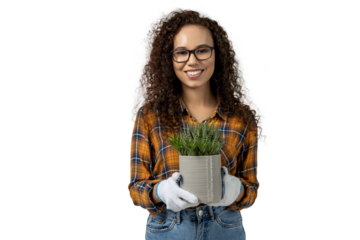 A girl with a flower pot in her hands, isolated on white background