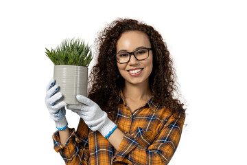 A girl with a flower pot in her hands, isolated on white background