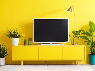 TV on cabinet in modern living room  flower and plant on yellow wall background.