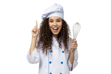 A girl in the uniform of a chef, isolated on white background