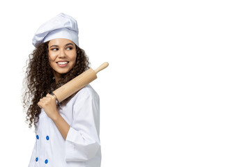 A girl in the uniform of a chef, isolated on white background