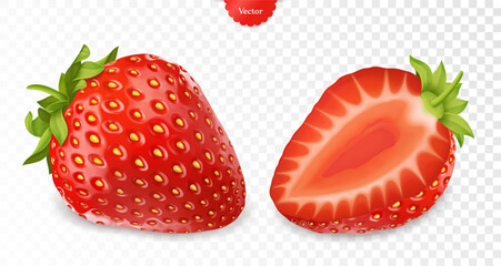 Realistic whole and sliced strawberry vector isolated on transparent background
