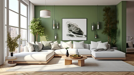 Green living room interior design with neutral color sofa, indoor plant and wall art, modern minimal japandi scandinavian living room 3d illustration.