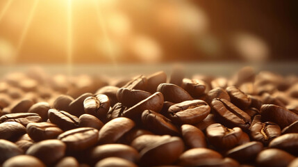 Obraz premium Freshly roasted coffee beans in the morning, background with beautiful light and copy space, close up shot.