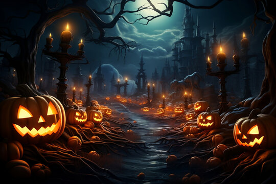 Halloween night creepy jack o'lantern carved pumkins glowing in the forest, vampire castle and full moon, happy halloween illustration.