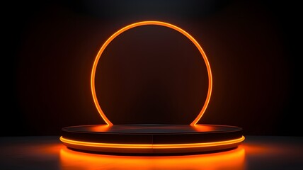 3D neon orange light podium stage for the mega sale special offer for the award or to display your brand. Generative AI. - obrazy, fototapety, plakaty
