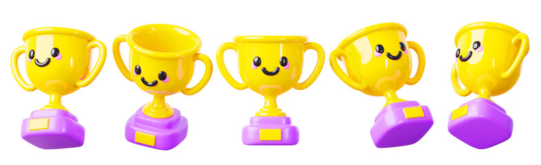 Cute golden cup, cartoon trophy character with smiling face and eyes in different angles view, 3d render icons set. Funny prize or reward for sport achievement, award winner in game. 3D illustration