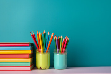 pencils in a glass. Colored Pencils, Books, and a Blue Surface with Copy Space: An Invitation to Creative Learning and School, copy space
