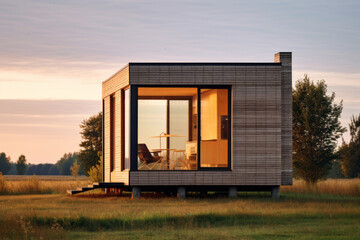 Fototapeta na wymiar Modern wooden tiny house in nature.