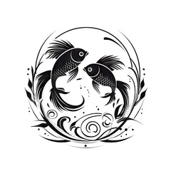 Ornate Pisces Icon, Two Fish Isolated, Chinese Horoscope Minimal Pisces Symbol on White