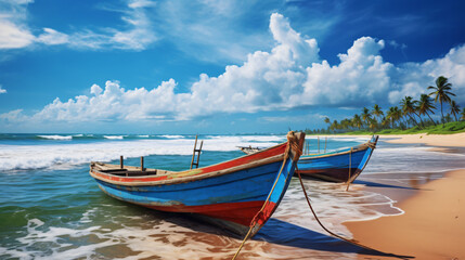 Naklejka na ściany i meble Beautiful seascape with fishing boats on the water