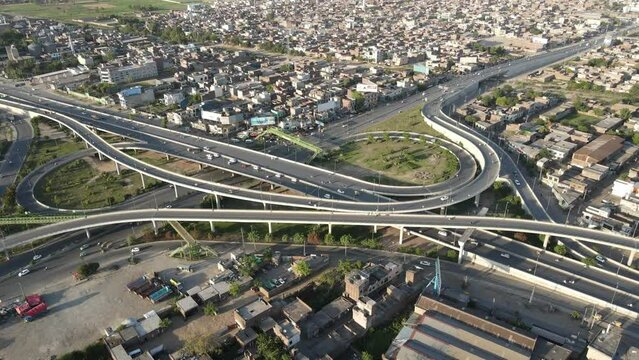 4k: Drone view of the city of Punjab in Pakistan, view of traffic flyover and city traffic.