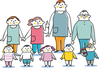整列する園児と先生たち　イラスト素材	
