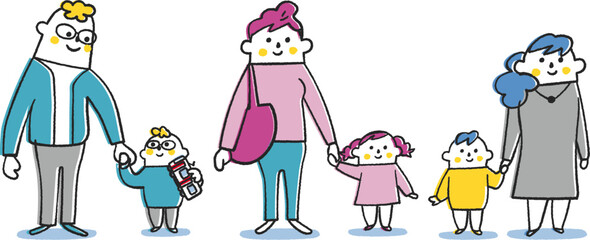 3組の小さい子供と手を繋いでいる親子　セット　イラスト素材
