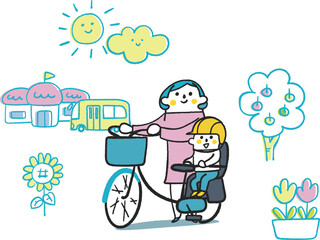 自転車でお出かけまたは登園する親子　セット　イラスト素材	
