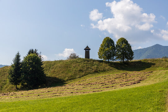Vie of the bell tower in Zazriva village, Slovakia. 