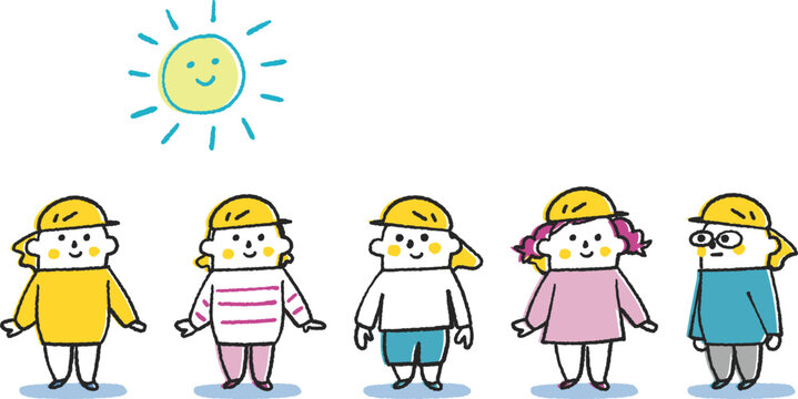 日よけ帽子を被った子供たち　セット　イラスト素材

