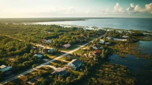 Aerial view of rural private houses in remote suburbs located on sea coast near Florida wildlife wetlands with green vegetation on gulf bay shore. Living close to nature in tropical,generative AI