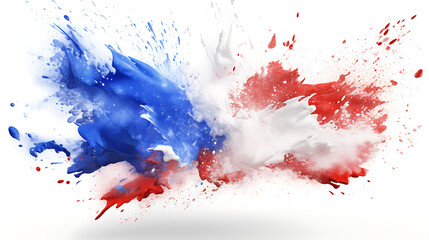red white and blue fine powder exploding on a white background