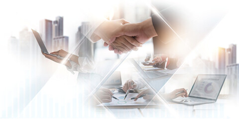 Teamwork concept, Deal, Handshake, Partnership and data exchange, Investment analysis, planning and...