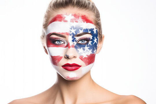 Portrait of a woman with the flag of the USA painted on her face. Sports fan girl. Patriotic portrait with white background. 