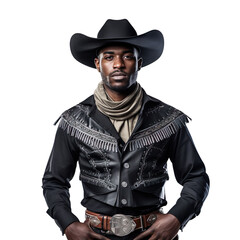 Fototapeta premium Halloween costumes - Front view mid shot of African man dressed as isolated cowboy on white transparent background