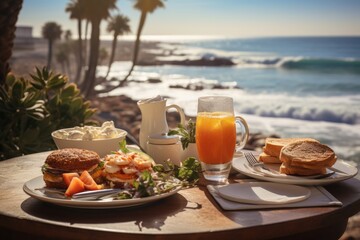 Healthy breakfast set with sea view on wooden table, AI Generated