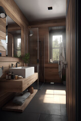 Eco style interior of bathroom in modern house.