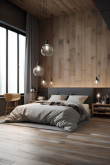 Eco style bedroom interior with bed in modern house.