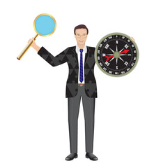Man with magnifying glass and compass. Strategies, orientation, goals. Isolated. Vector illustration.