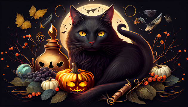 halloween background with pumpkin and bats, Halloween banner with tradition symbols. Pumpkins and black cat illustration, Ai generated image