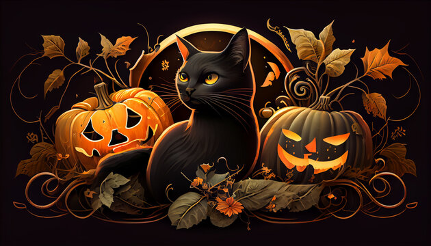 halloween background with pumpkin and bats, Halloween banner with tradition symbols. Pumpkins and black cat illustration, Ai generated image