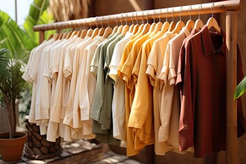 A collection of clothes, in beige tones, hanging on a hanger in the dressing room. Natural material.