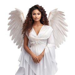 Halloween costumes -  Front view mid shot of Latin woman dressed as angel isolated on white transparent background