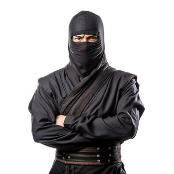 Halloween costumes -  Front view mid shot of Latin man dressed as ninja isolated on white transparent background