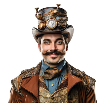 Halloween costumes -  Front view mid shot of Latin man dressed as steampunk inventor isolated on white transparent background