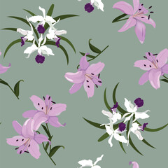 Beautiful lilies and orchids on a gray background. Seamless vector illustration.