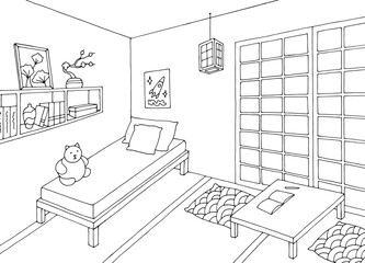 Children room asia style graphic black white home interior sketch illustration vector