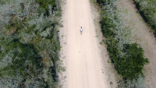 female person running, topview drone, runner in rural green prairie overview, aerial view, woman training for competition on a deserted road between green bushes