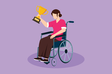 Graphic flat design drawing happy beautiful woman in wheelchair holding golden cup trophy winner podium. Sport game competition, training, challenge, business goal. Cartoon style vector illustration