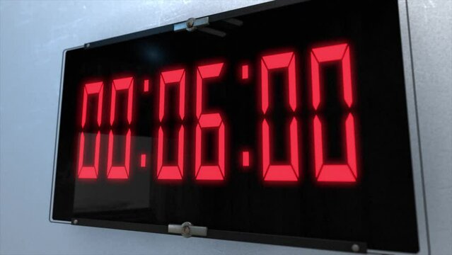 High quality CGI render of a digital countdown timer on a wall-mounted screen on a white wall, with glowing red numbers, counting down from 10 to zero, with dramatic right to left camera move