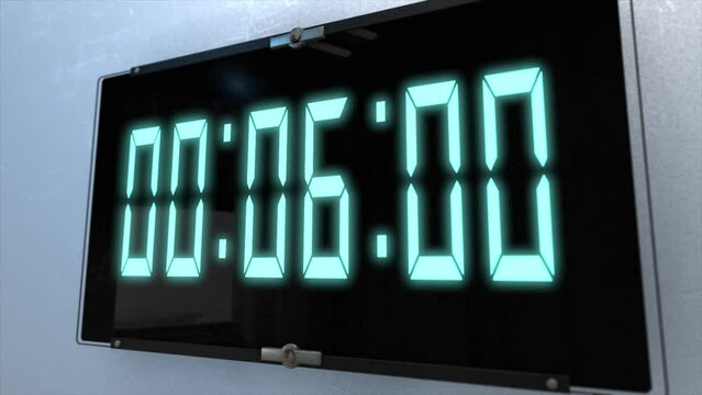 High quality CGI render of a digital countdown timer on a wall-mounted screen on a white wall, with glowing blue numbers, counting down from 10 to zero, with dramatic right to left camera move