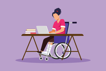 Fototapeta premium Cartoon flat style drawing young beautiful woman in wheelchair working with computer in office desk. Online job and startup concept. Physical disability and society. Graphic design vector illustration