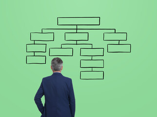 Logic. Man standing in front of diagram on pale green background, back view