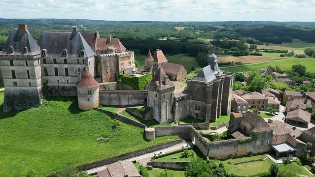 Low angle drone,aerial  Biron castle Chateau Dordogne France