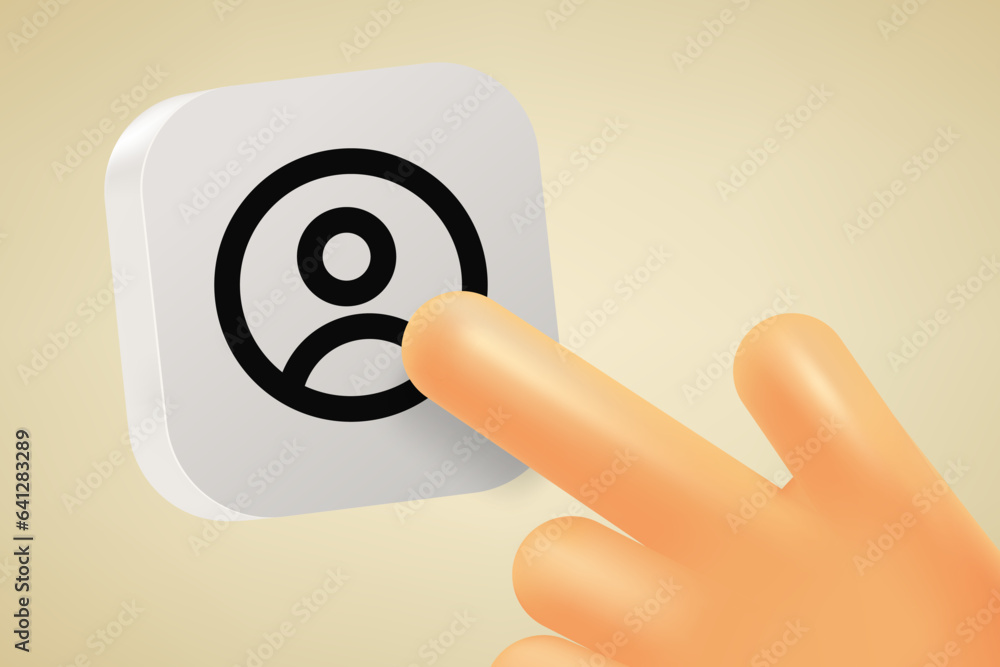 Poster hand pressing button with account symbol. 3d vector illustration