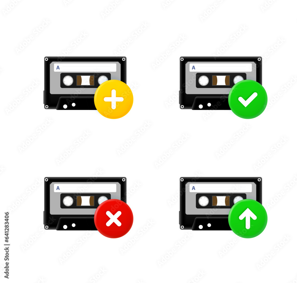 Aufkleber cassette icons set with different pictograms. 3d vector icons set